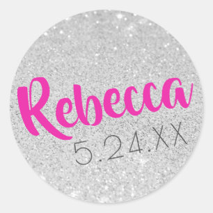 Custom Name Bat Mitzvah Silver Glitter U PICK FONT Classic Round Sticker