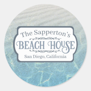Custom Name Beach House Sand and Water Classic Round Sticker