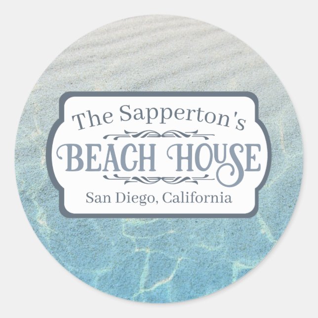 Custom Name Beach House Sand and Water Classic Round Sticker (Front)