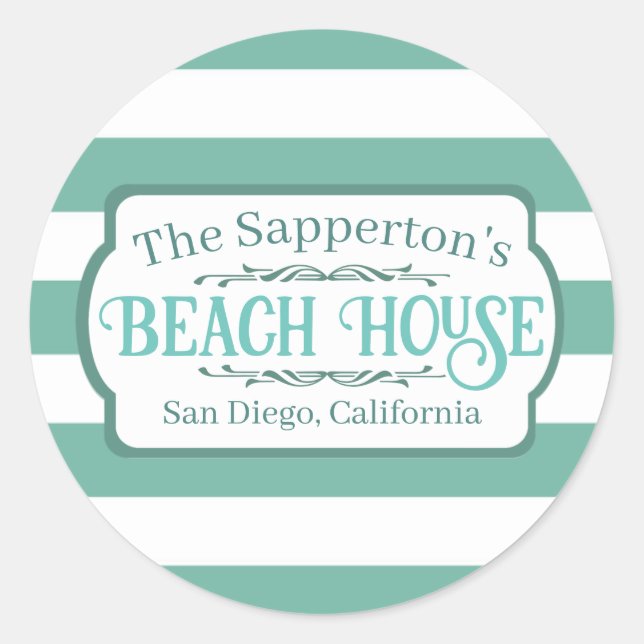 Custom Name Beach House Teal Stripes Classic Round Sticker (Front)