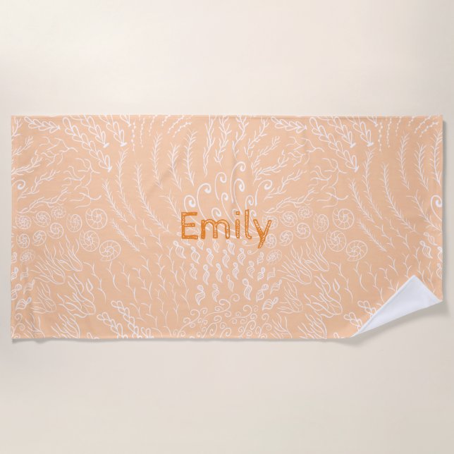 Custom Name Beach Towel –Sea Shell & Coral Print (Front)