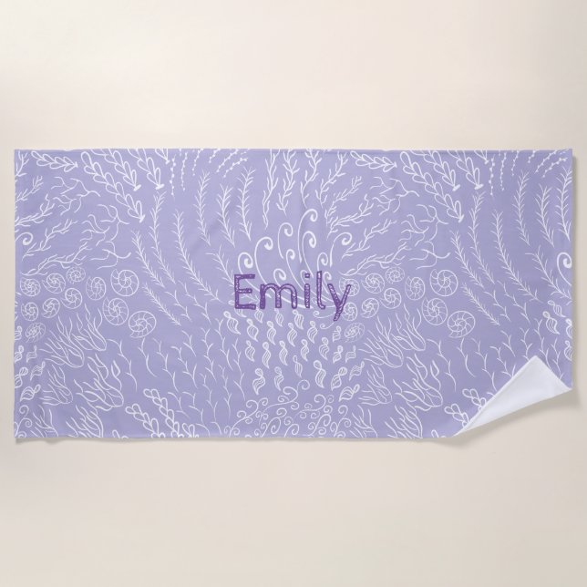 Custom Name Beach Towel –Sea Shell & Coral Print (Front)