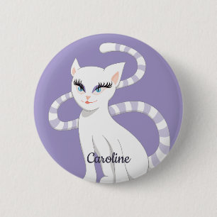Custom Name Beautiful Cartoon Cute White Cat 6 Cm Round Badge