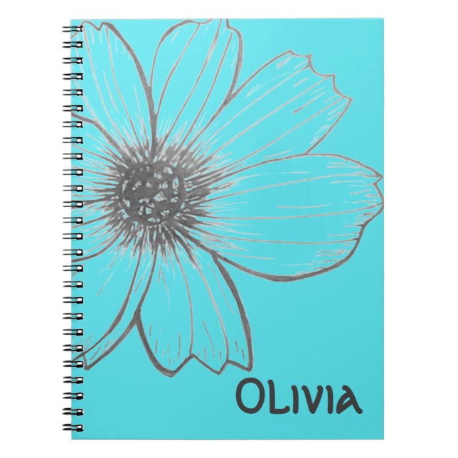 Custom Name Beautiful Flower teal design  Notebook (Front)