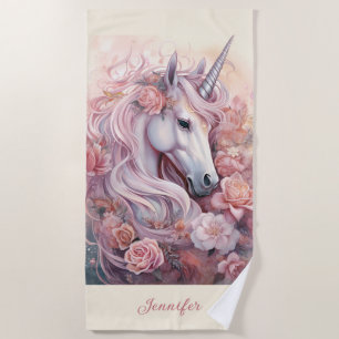 Custom Name Beautiful Unicorn Beach Towel