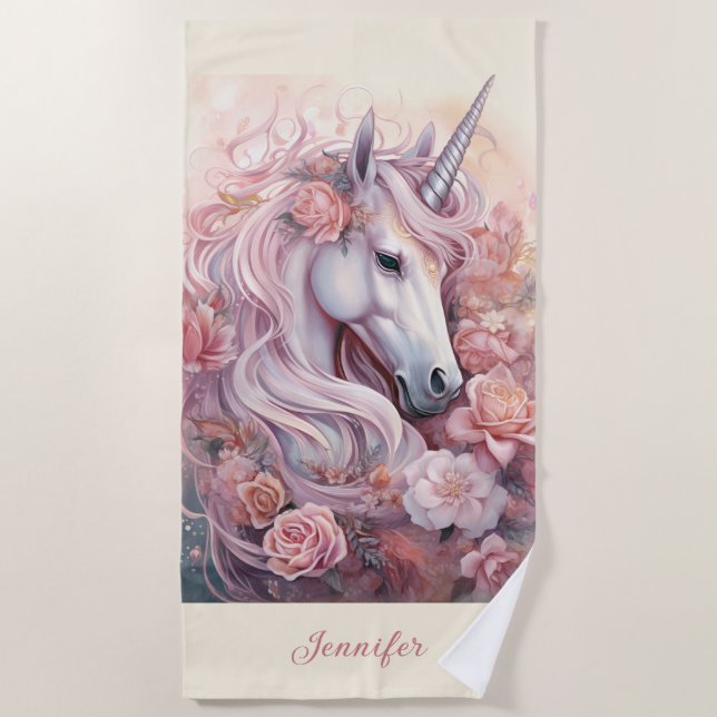 Custom Name Beautiful Unicorn Beach Towel (Front)