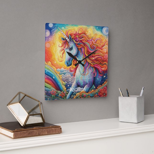 Custom Name Beautiful Unicorn Square Wall Clock (Office)