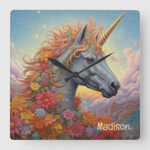 Custom Name Beautiful Unicorn Square Wall Clock