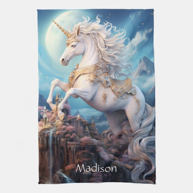 Custom Name Beautiful Unicorn Tea Towel (Vertical)