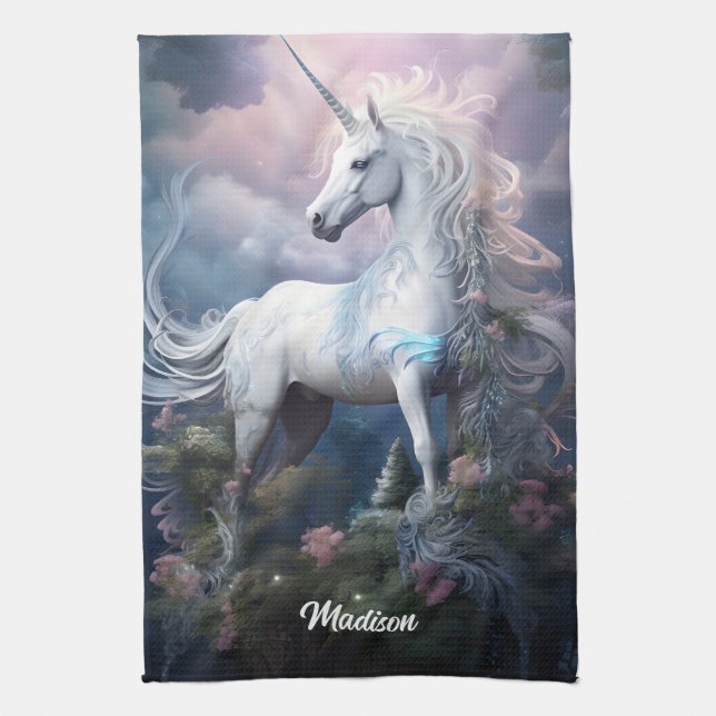 Custom Name Beautiful Unicorn Tea Towel (Vertical)