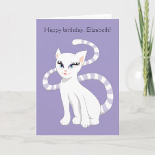 Custom Name Beautiful White Cat Birthday Card