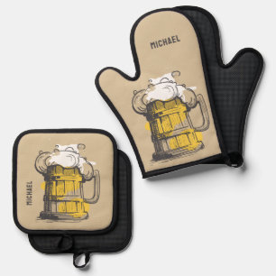 Custom Name Beer Ilustration Oven Mitt & Pot Holder Set