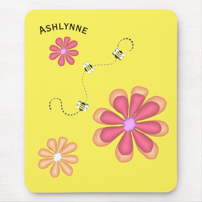 Custom Name Bees and Flowers on Yellow Mouse Mat (Front)