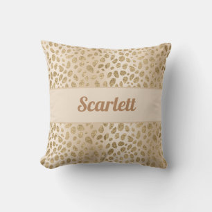 Custom Name Beige and Gold Glitter Leopard Print Cushion