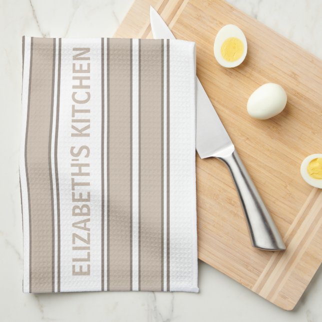 Custom Name Beige Striped Tea Towel (Quarter Fold)