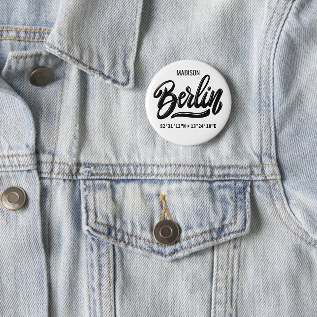 Custom Name Berlin Germany Coordinates 6 Cm Round Badge (In Situ)