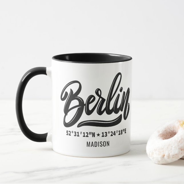 Custom Name Berlin Germany Coordinates Mug (With Donut)