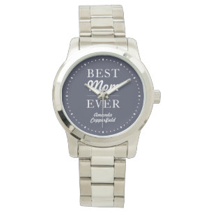 Custom Name Best Mom Ever Blue Silver Watch