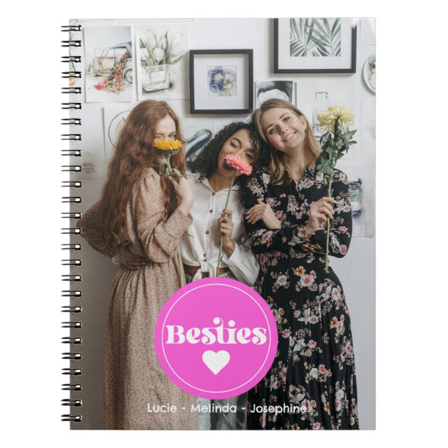 Custom name besties pink heart typo Photo Notebook (Front)