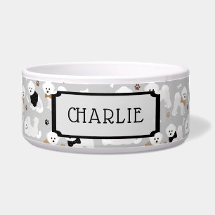 Custom Name Bichon Frise Pattern Grey Dog Bowl