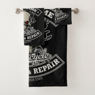 Custom NAME Biker Mechanic Skull Motorcycle Garage Bath Towel Set