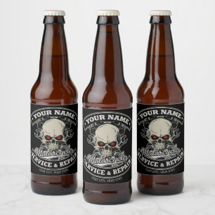 Custom NAME Biker Mechanic Skull Motorcycle Garage Beer Bottle Label