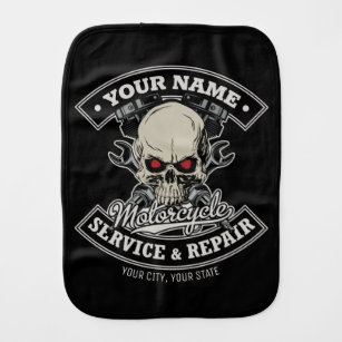 Custom NAME Biker Mechanic Skull Motorcycle Garage Burp Cloth