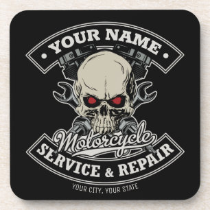 Custom NAME Biker Mechanic Skull Motorcycle Garage Coaster