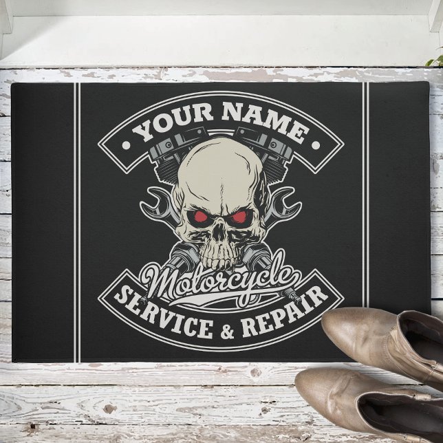 Custom NAME Biker Mechanic Skull Motorcycle Garage Doormat (Creator Uploaded)
