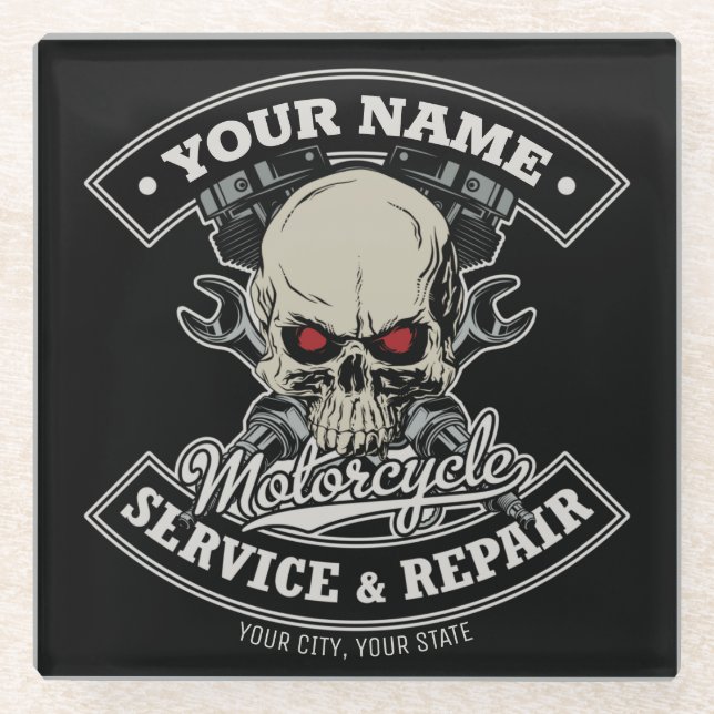 Custom NAME Biker Mechanic Skull Motorcycle Garage Glass Coaster (Front)