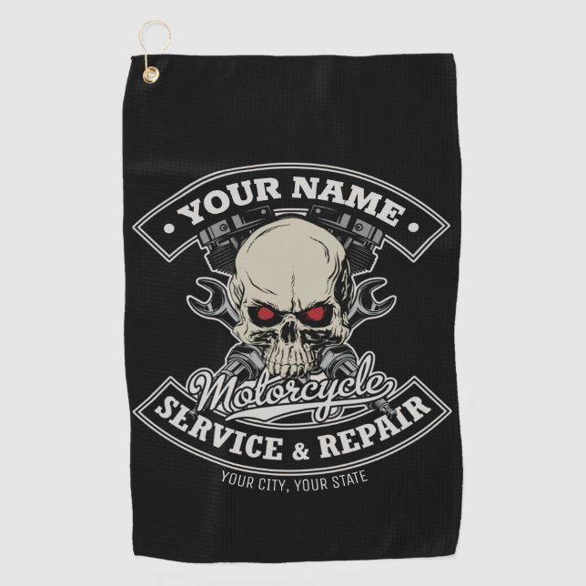 Custom NAME Biker Mechanic Skull Motorcycle Garage Golf Towel (Front)