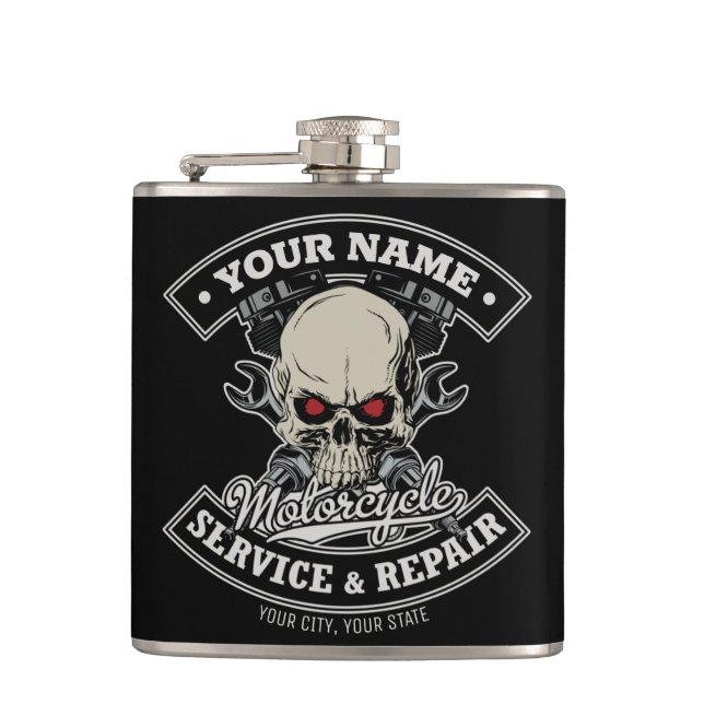Custom NAME Biker Mechanic Skull Motorcycle Garage Hip Flask (Front)