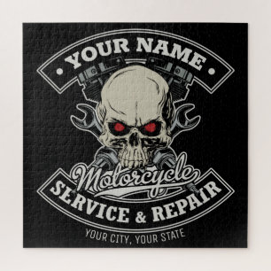 Custom NAME Biker Mechanic Skull Motorcycle Garage Jigsaw Puzzle
