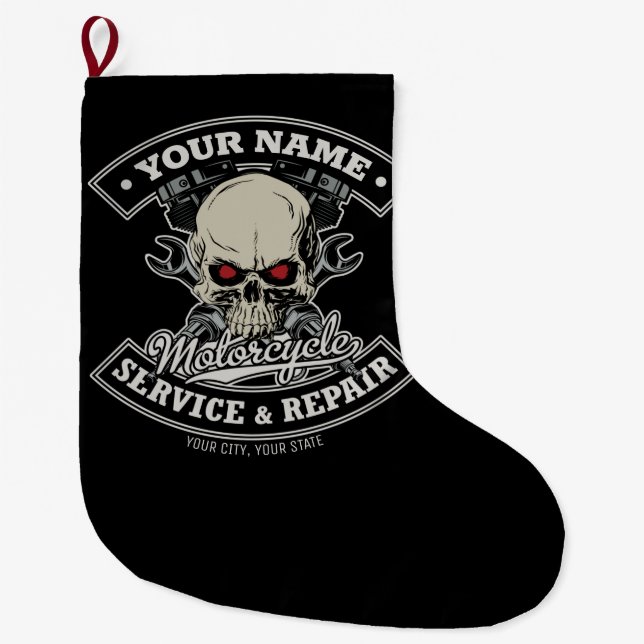 Custom NAME Biker Mechanic Skull Motorcycle Garage Large Christmas Stocking (Front)
