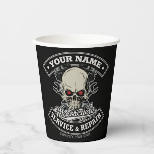 Custom NAME Biker Mechanic Skull Motorcycle Garage Paper Cups