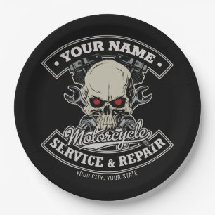 Custom NAME Biker Mechanic Skull Motorcycle Garage Paper Plate