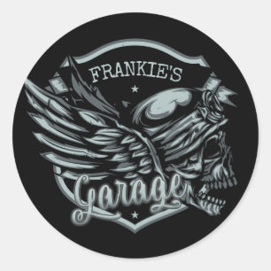 Custom NAME Biker Skull Wings Motorcycle Garage Classic Round Sticker