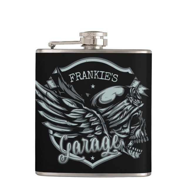 Custom NAME Biker Skull Wings Motorcycle Garage Hip Flask (Front)