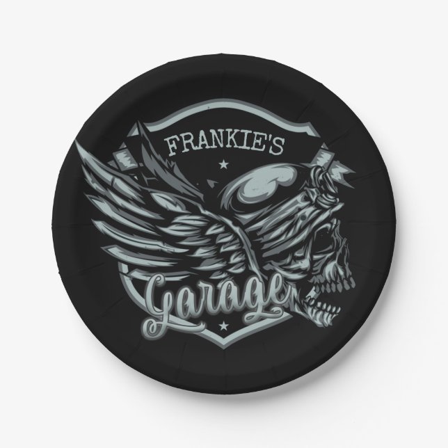 Custom NAME Biker Skull Wings Motorcycle Garage Paper Plate (Front)
