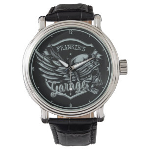 Custom NAME Biker Skull Wings Motorcycle Garage Watch