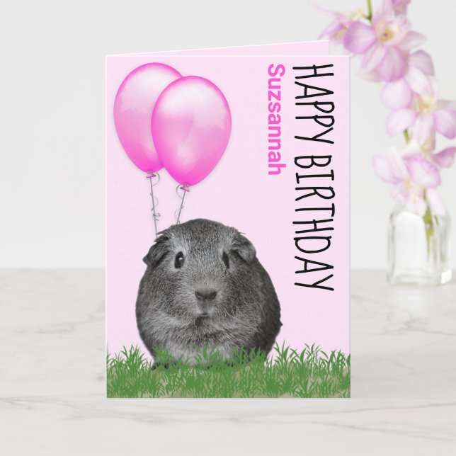 Custom Name Birthday Guinea Pig Pink Balloons Card (Orchid)