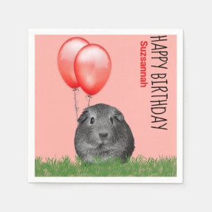 Custom Name Birthday Guinea Pig Red Balloons Napkin
