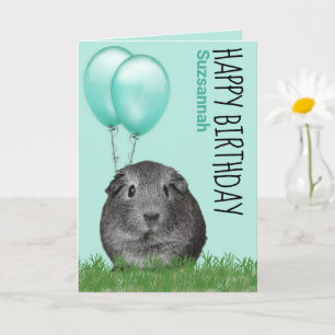 Custom Name Birthday Guinea Pig Teal Balloons Card