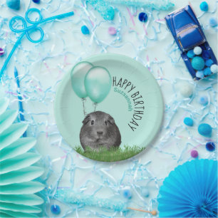 Custom Name Birthday Guinea Pig Teal Balloons Paper Plate