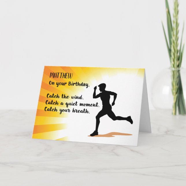 Custom Name Birthday Man Running Sunburst Back Card (Front)