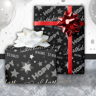 Custom Name Birthday Modern Script Stars Wrapping Paper