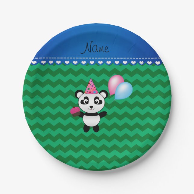 Custom name birthday panda green chevrons paper plate (Front)