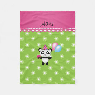 Custom name birthday panda green flowers fleece blanket