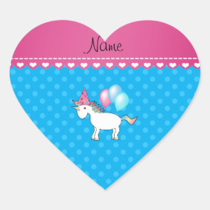 Custom name birthday unicorn blue polka dots heart sticker