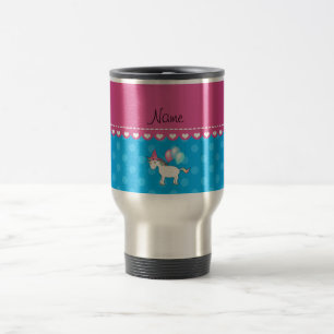 Custom name birthday unicorn blue polka dots travel mug